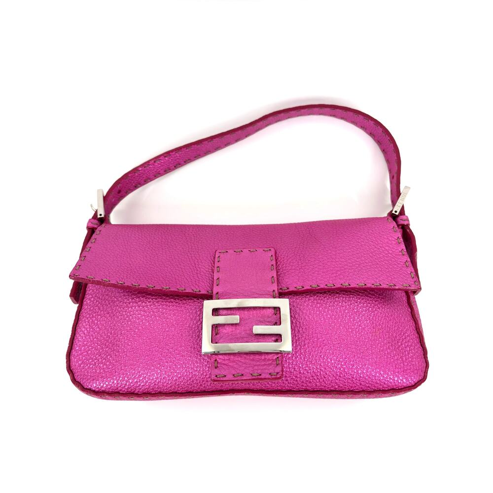 Vintage Luxury Fendi Metallic Pink Leather Selleria Baguette Shoulder Bag
